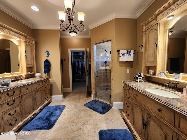 full bathroom with a sink, ornamental molding, and a shower stall