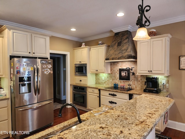 kitchen with tasteful backsplash, custom exhaust hood, appliances with stainless steel finishes, and dark wood-type flooring