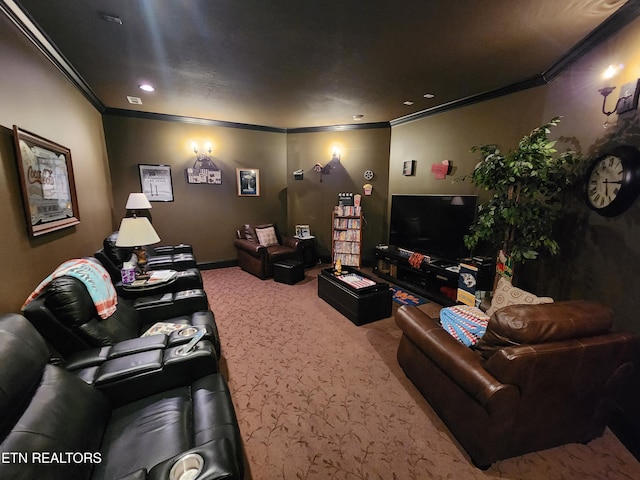 carpeted living area featuring recessed lighting, baseboards, and ornamental molding