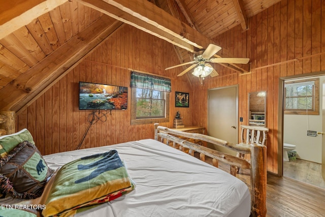 bedroom featuring lofted ceiling with beams, a ceiling fan, wood ceiling, wood walls, and hardwood / wood-style flooring