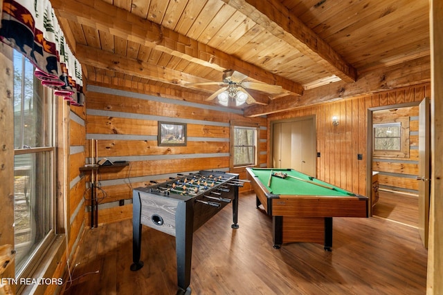 playroom featuring ceiling fan, wood walls, wood finished floors, wood ceiling, and beam ceiling