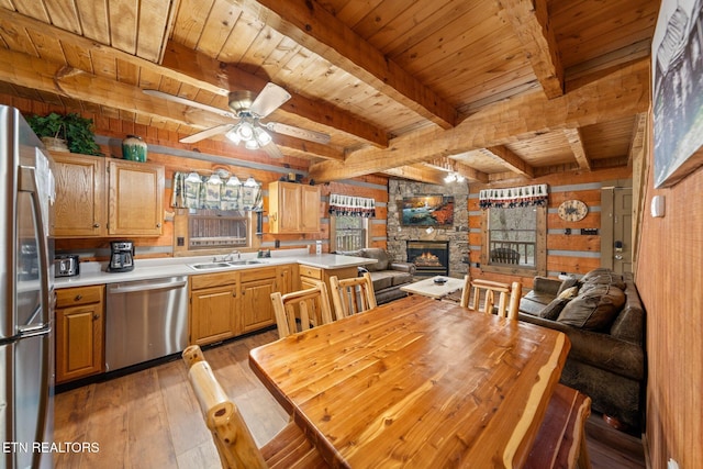 dining room with ceiling fan, wooden ceiling, light wood-style flooring, wooden walls, and a fireplace