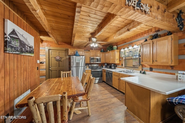 kitchen with stainless steel appliances, a peninsula, wood walls, a sink, and beamed ceiling