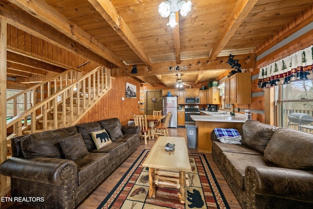 living area featuring wooden ceiling, wooden walls, and stairs