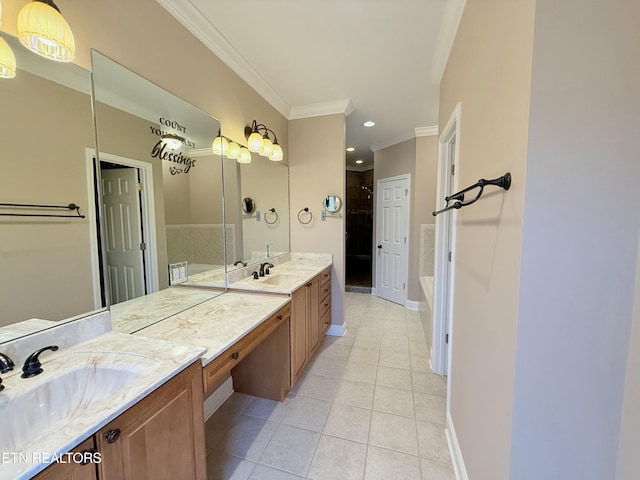 bathroom with double vanity, tile patterned floors, a sink, and crown molding