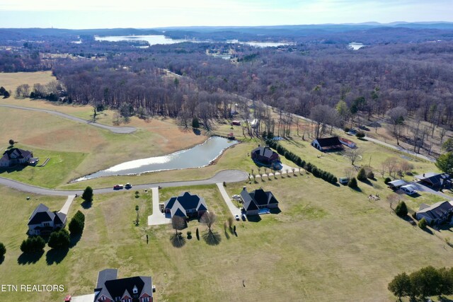 bird's eye view with a water view and a wooded view