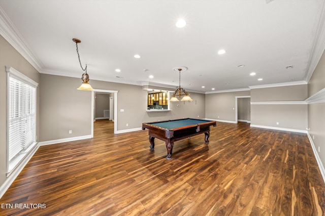 game room with pool table, recessed lighting, wood finished floors, and baseboards