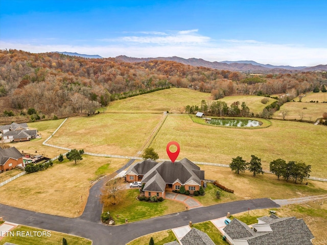 bird's eye view featuring a water and mountain view