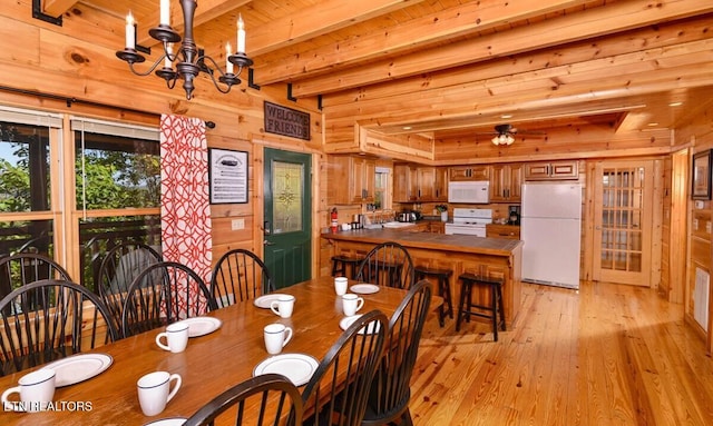 dining space with wooden walls, wood ceiling, light wood-style flooring, beamed ceiling, and a notable chandelier