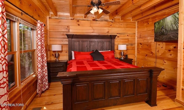 bedroom featuring wood ceiling, wooden walls, light wood-style flooring, and beamed ceiling