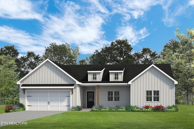 view of front facade featuring a garage, driveway, a shingled roof, board and batten siding, and a front yard