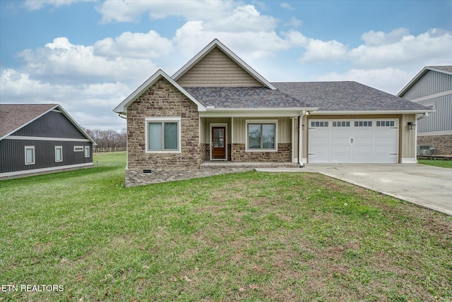 craftsman house with a shingled roof, concrete driveway, an attached garage, a front lawn, and board and batten siding