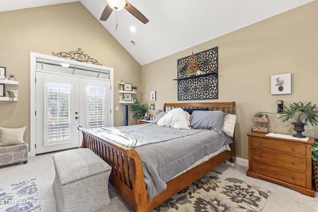 carpeted bedroom featuring ceiling fan, access to outside, french doors, and high vaulted ceiling