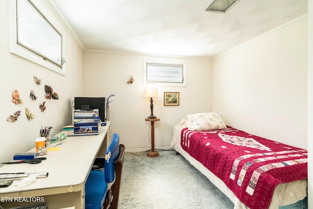 bedroom featuring carpet floors and ornamental molding