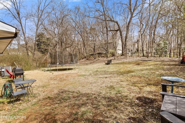 view of yard featuring a trampoline and fence