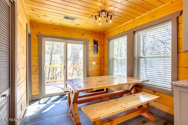 1012 Ravens Ford Way, Sevierville, TN 37876 - dining space featuring wood walls, wooden ceiling, wood finished floors, and visible vents