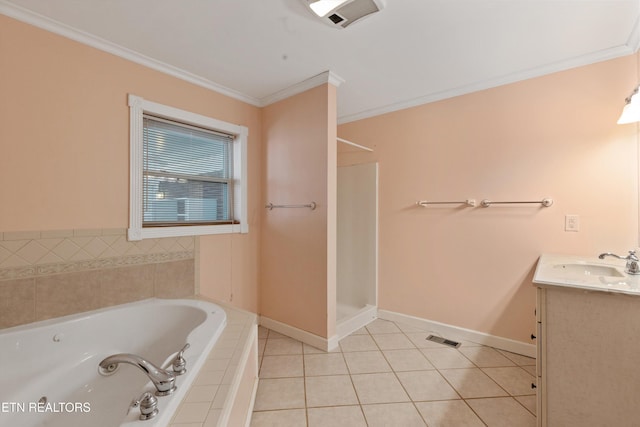 bathroom with tile patterned flooring, a garden tub, visible vents, baseboards, and crown molding