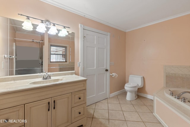 bathroom featuring toilet, tile patterned floors, crown molding, vanity, and a bath