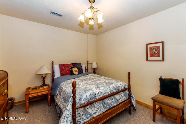 bedroom featuring carpet floors, visible vents, a notable chandelier, and baseboards