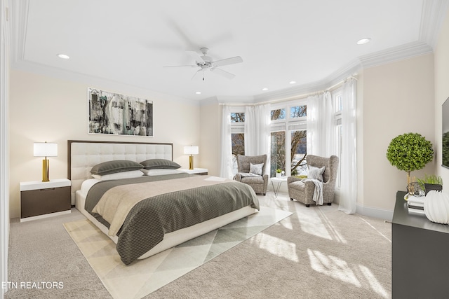 bedroom with baseboards, ceiling fan, recessed lighting, and crown molding