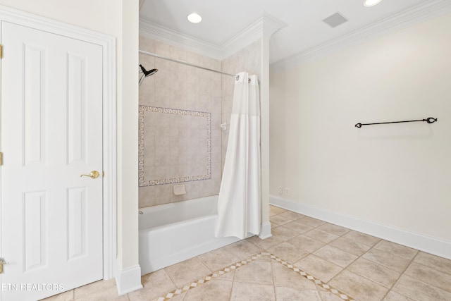 bathroom featuring shower / tub combo, visible vents, baseboards, ornamental molding, and tile patterned flooring