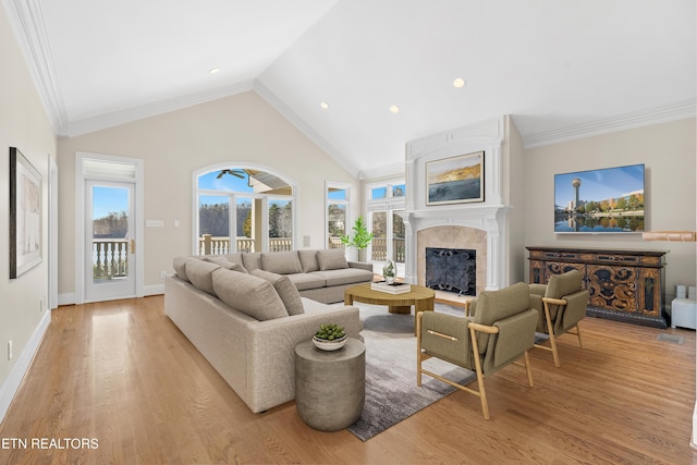 living area with a wealth of natural light, light wood-type flooring, and a high end fireplace