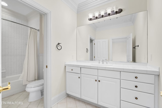 bathroom with toilet, ornamental molding, shower / bath combo, vanity, and tile patterned floors