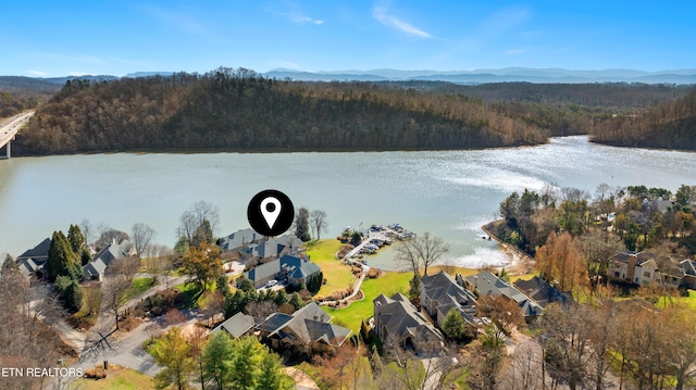 aerial view with a water view and a wooded view