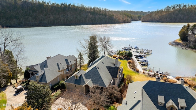 birds eye view of property featuring a water view