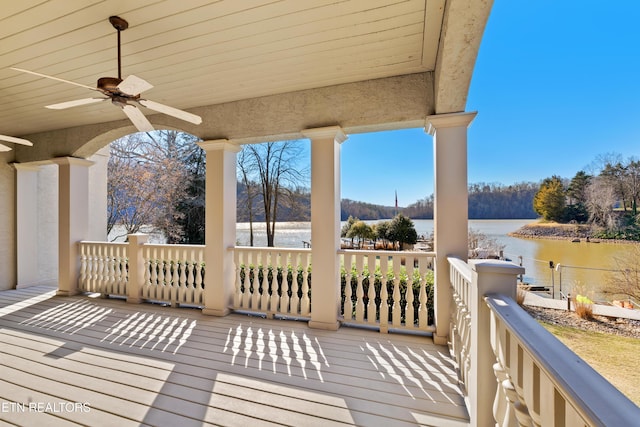 wooden terrace featuring a ceiling fan and a water view