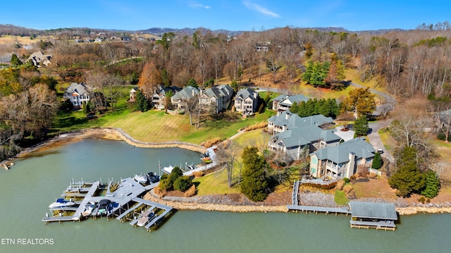 drone / aerial view with a water view and a residential view