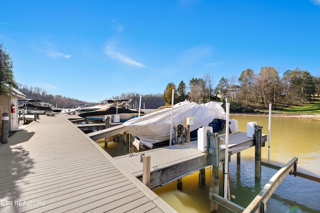 view of dock featuring a water view and boat lift