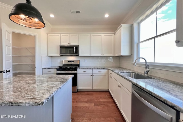 kitchen featuring dark wood finished floors, crown molding, visible vents, appliances with stainless steel finishes, and a sink