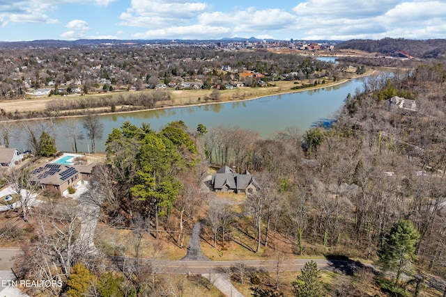 drone / aerial view with a water view