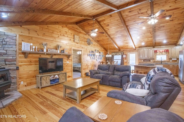 living area with light wood-type flooring, a wood stove, and lofted ceiling with beams