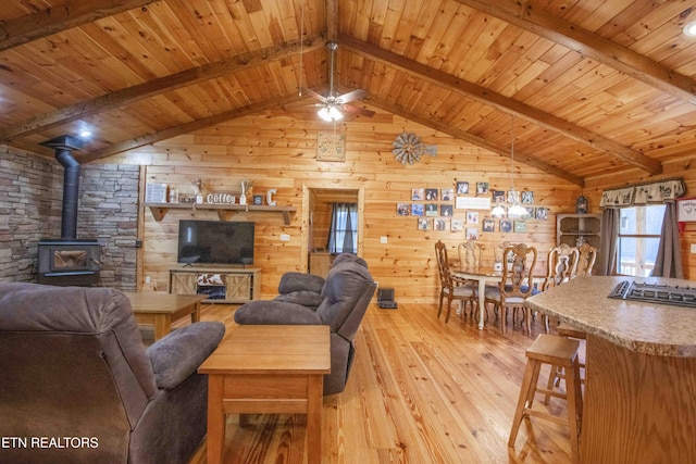 living area with vaulted ceiling with beams, hardwood / wood-style flooring, wood walls, wood ceiling, and a wood stove