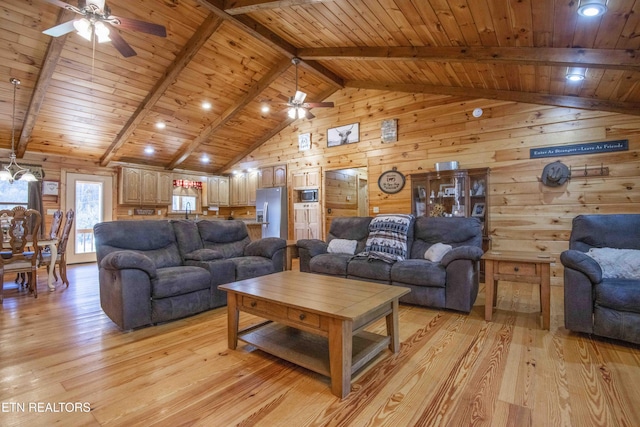 living room featuring wooden ceiling, wooden walls, a ceiling fan, light wood-style floors, and beam ceiling