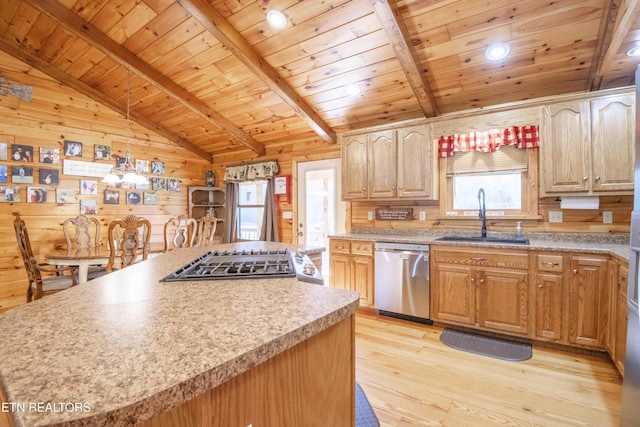 kitchen featuring a sink, wooden walls, lofted ceiling with beams, and dishwasher