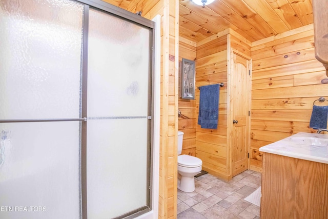 full bath featuring a stall shower, wood ceiling, wood walls, and toilet