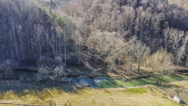 birds eye view of property featuring a wooded view