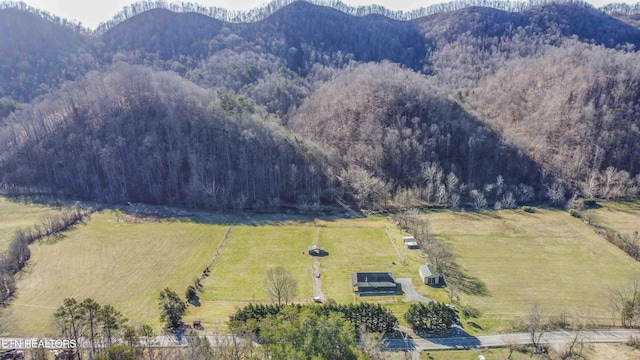 birds eye view of property featuring a forest view, a mountain view, and a rural view