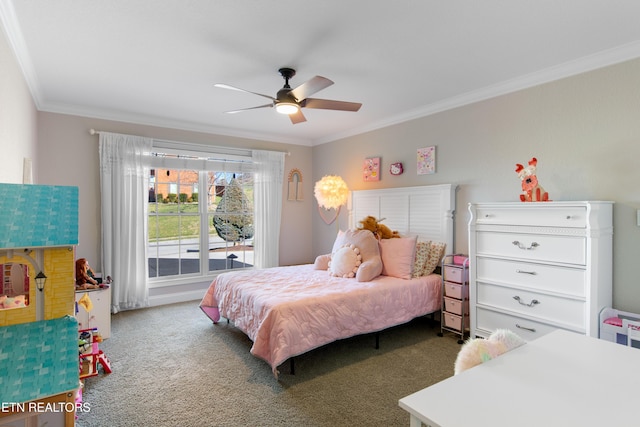 carpeted bedroom with a ceiling fan and crown molding