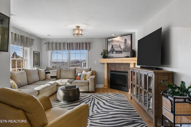 living room featuring a textured ceiling, wood finished floors, and a tile fireplace