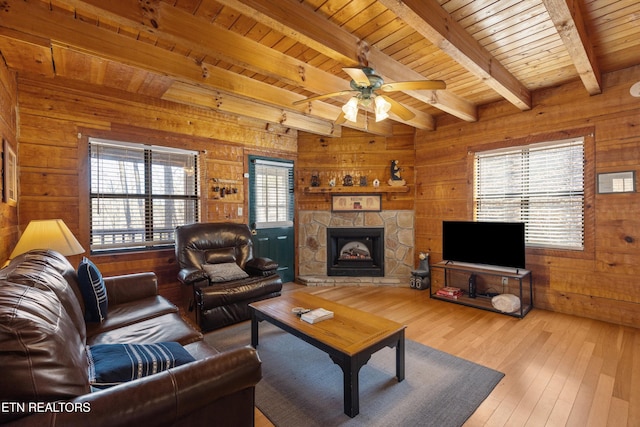 living room with wood ceiling, wood walls, beam ceiling, and hardwood / wood-style flooring