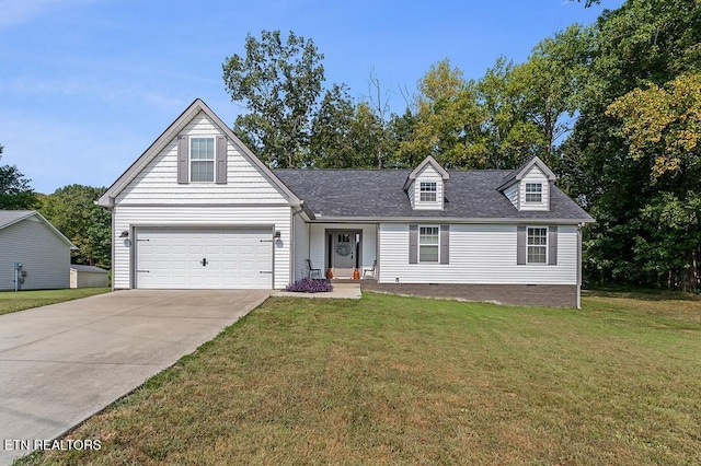 view of front facade with a garage, concrete driveway, roof with shingles, crawl space, and a front yard