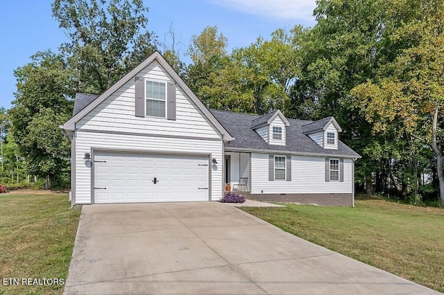 view of front facade with crawl space, an attached garage, a front lawn, and concrete driveway