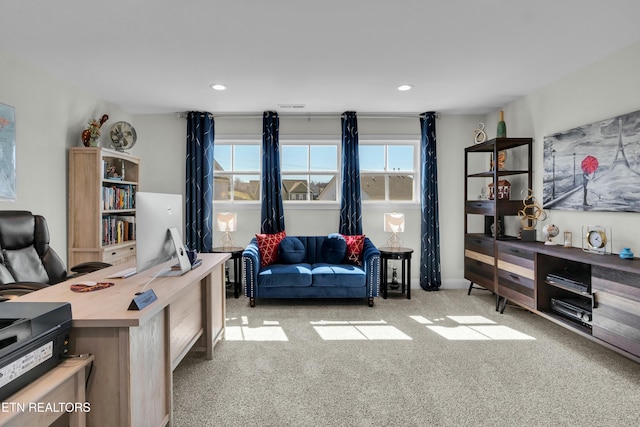 office area featuring carpet floors, visible vents, and recessed lighting