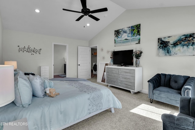 carpeted bedroom with lofted ceiling, washer / clothes dryer, ceiling fan, and recessed lighting