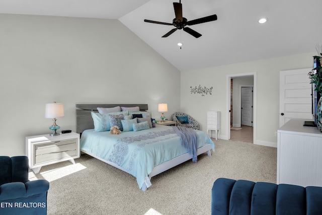 carpeted bedroom with high vaulted ceiling, baseboards, a ceiling fan, and recessed lighting