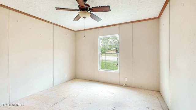 empty room with a textured ceiling, ceiling fan, and ornamental molding